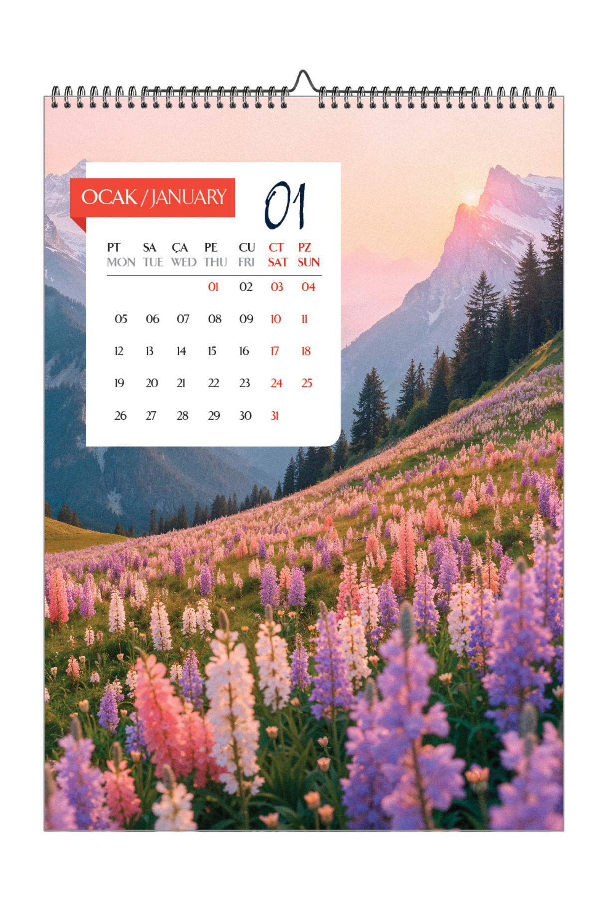 Tedarik Genel 2026 A3 MANZARALI DUVAR TAKVİMİ -12 SAYFA ÜSTTEN SPİRALLİ ve ASKILI