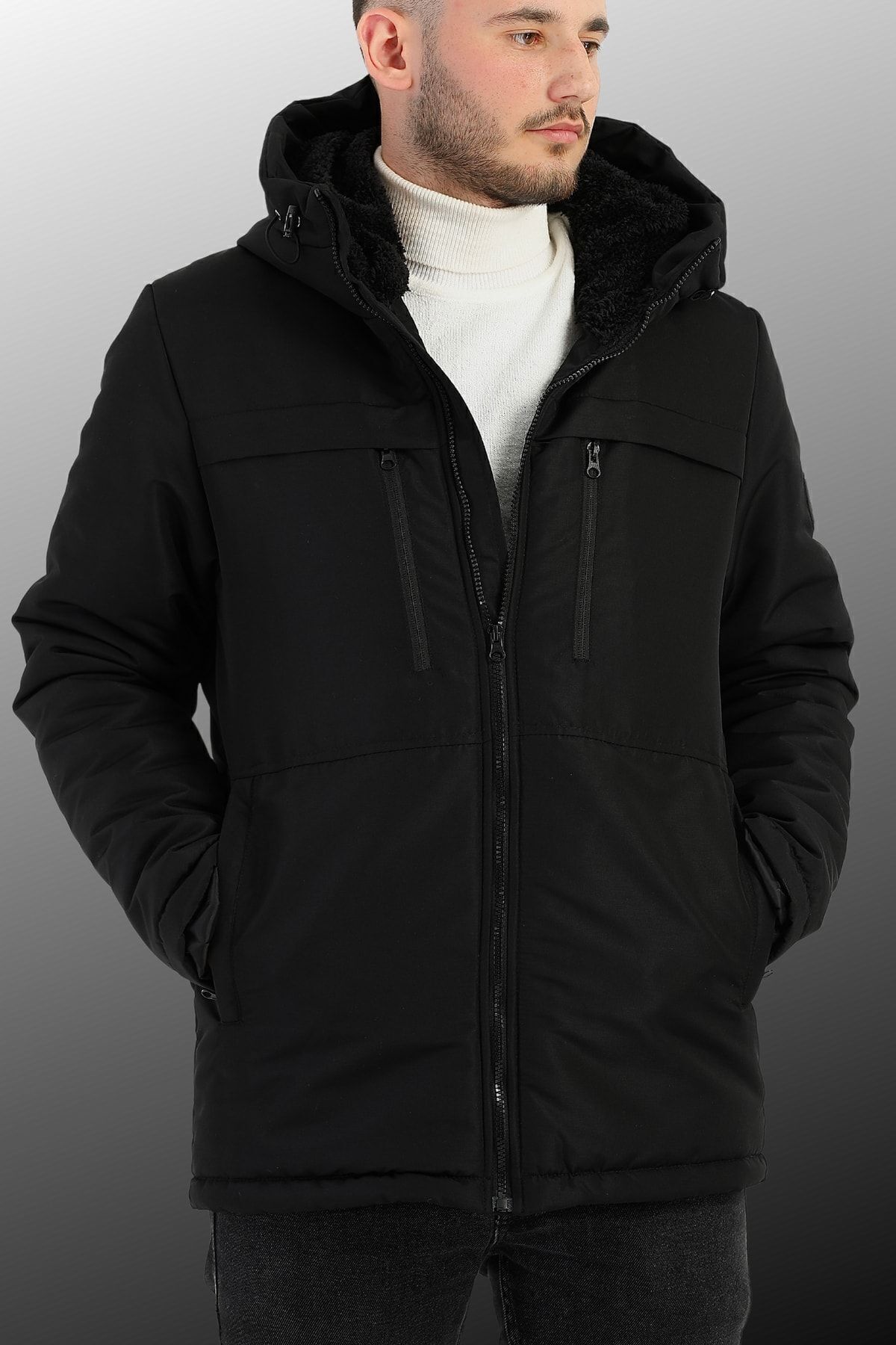 QAWWA Erkek Siyah Rüzgar Geçirmez Kapüşonlu Kışlık Spor Mont & Kaban & Parka