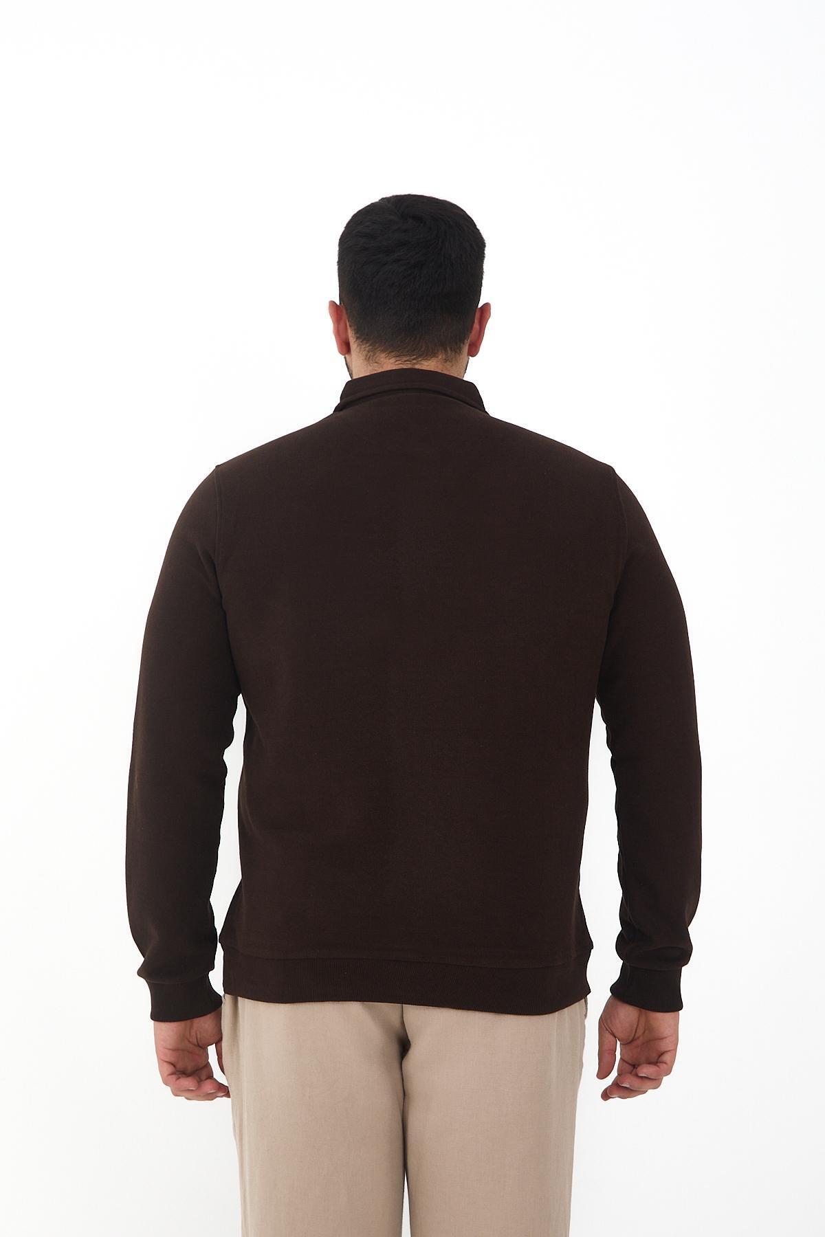 Maccali Erkek Comfortfit Kışlık Düz Kahverengi Battal Polo Yaka T-shirt görsel 5