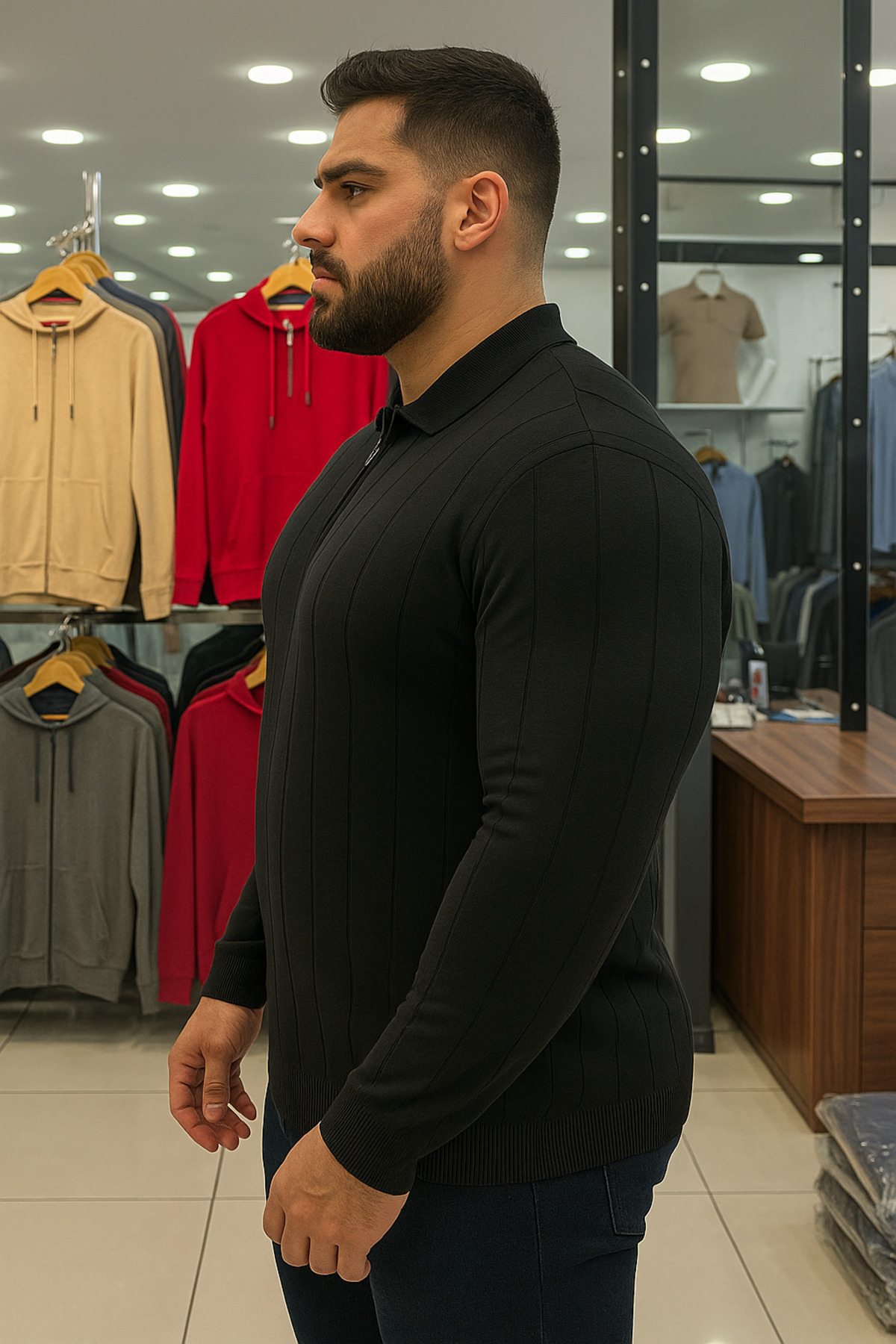 Maccali Erkek Kışlık Büyük Beden Siyah Fermuarlı Sweatshirt görsel 3