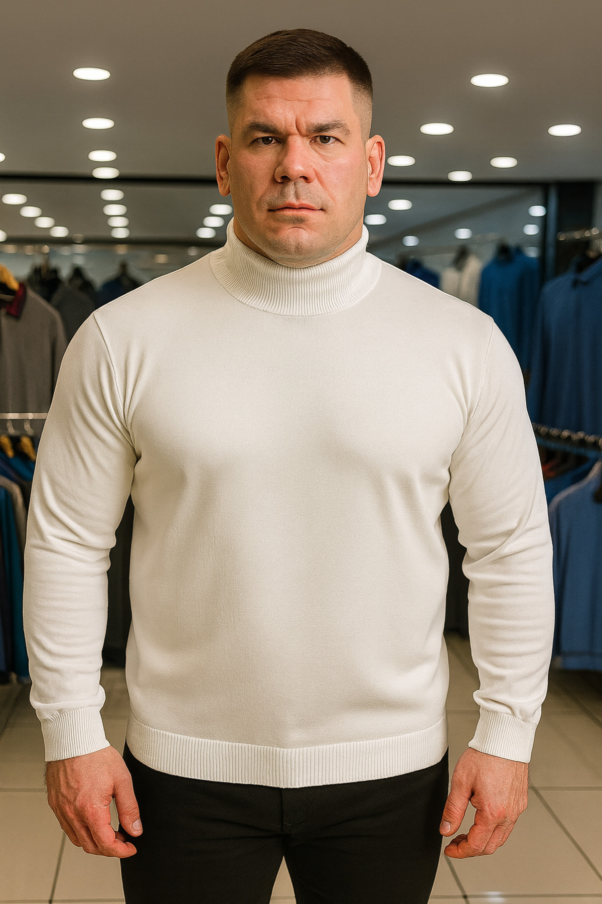 Maccali Erkek Büyük Beden Boğazlı Beyaz Sweat Triko Kazak