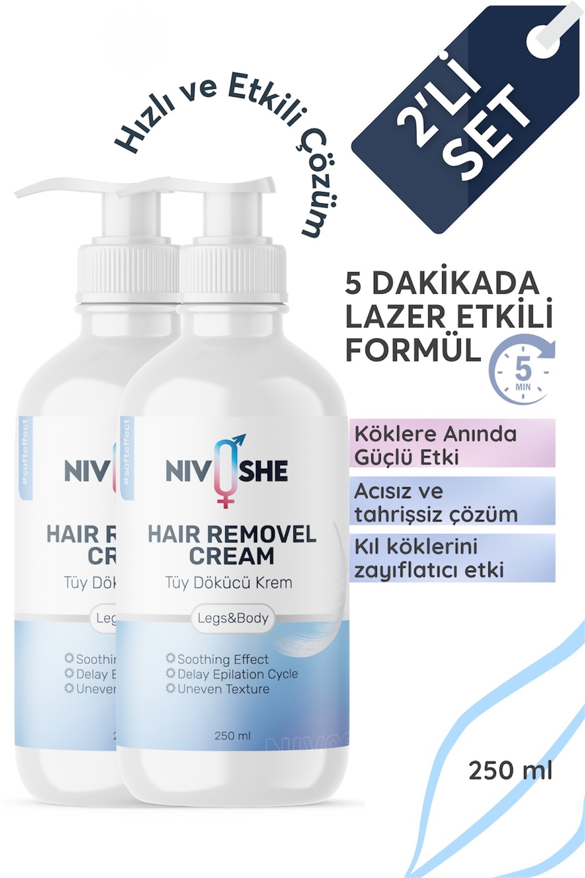 NIVOSHE Premium Tüy Azaltıcı Tüy Dökücü Krem 2 Adet Tüm Vücut Ve Cilt Tipleri İçin 250+250ml