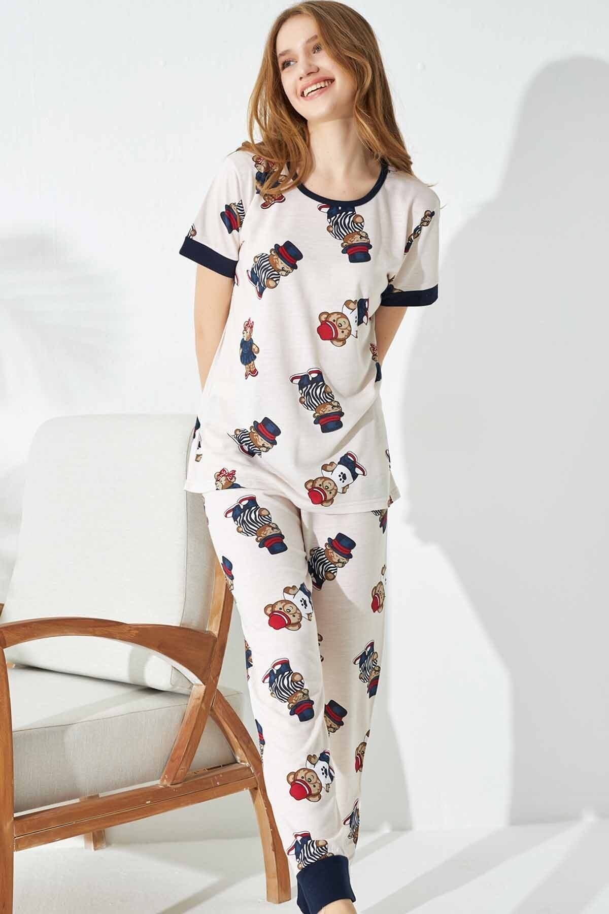 Siyah İnci  Krem Şapkalı Ayıcık Desenli Örme Pijama Takımı - Görsel 2