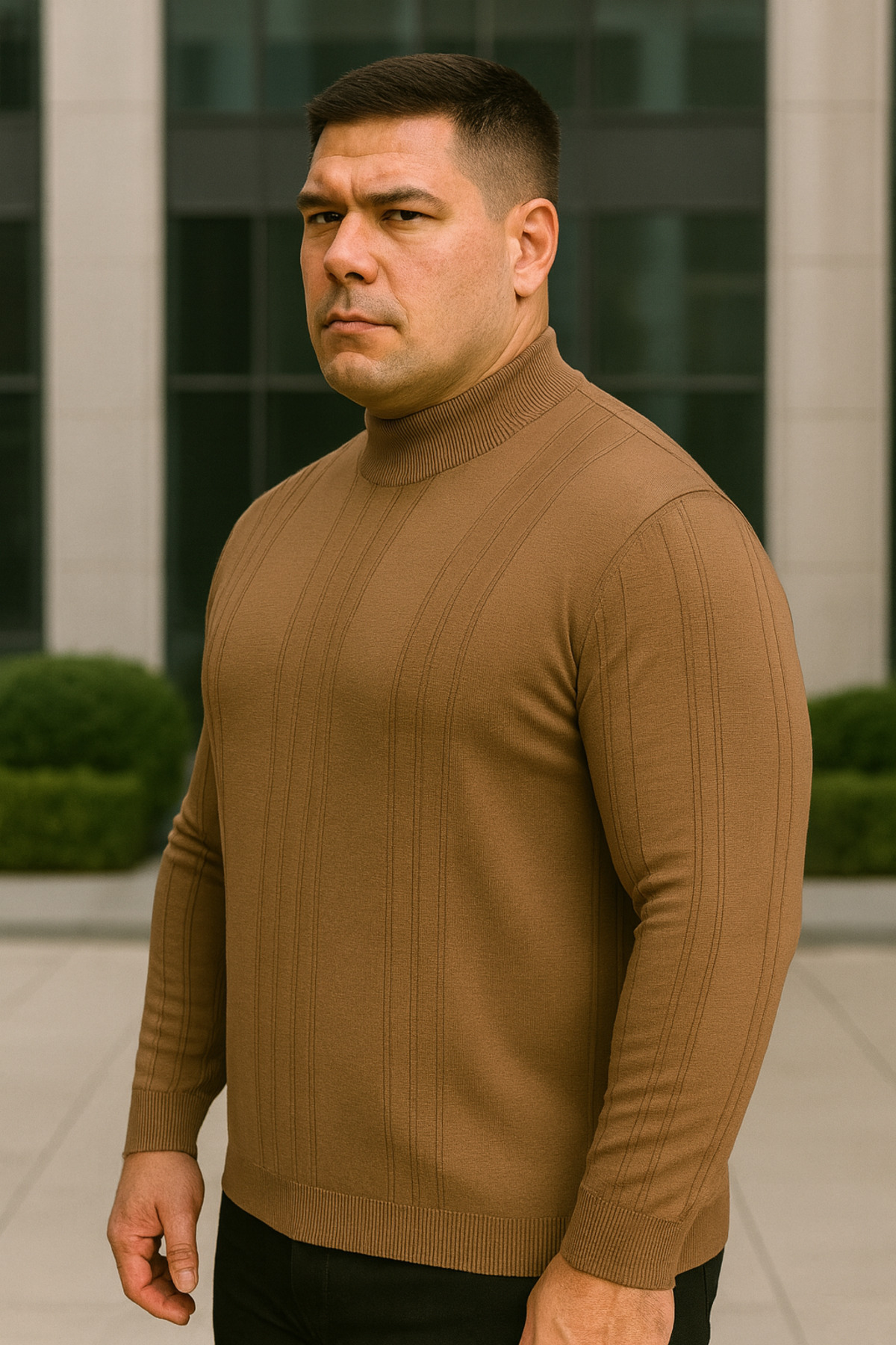 Maccali Erkek Büyük Beden Çizgili Camel Sweat Triko Kazak görsel 2