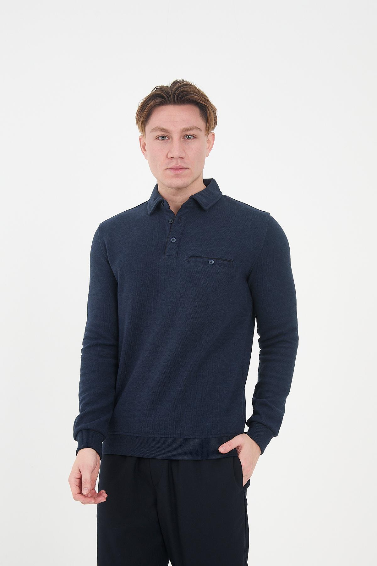 Maccali Erkek Timeless Cepli Basic Uzun Düz Mavi Polo Yaka Tişört