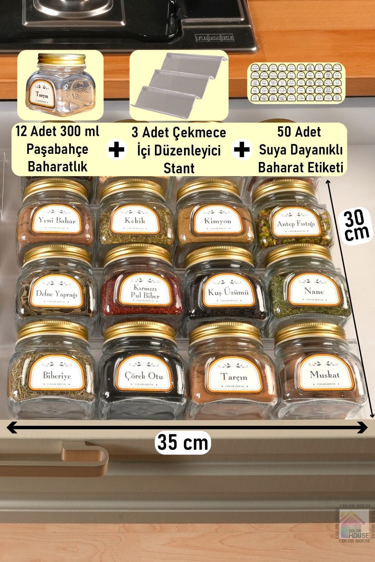 12-Piece Jar Spice Shaker 300ml and 3 Pieces In-Drawer Organizer Plexiglass Stand (35cm*10cm)