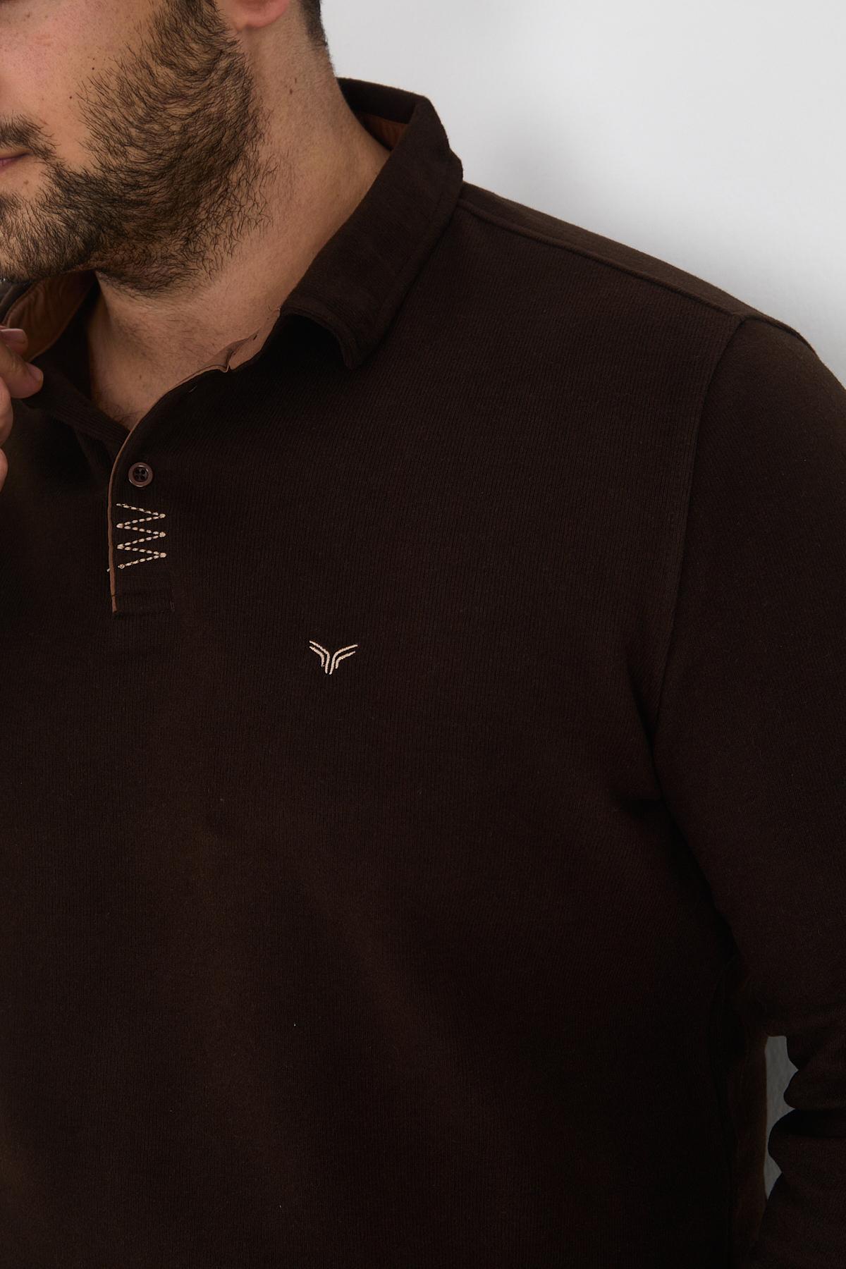 Maccali Erkek Comfortfit Kışlık Düz Kahverengi Battal Polo Yaka T-shirt görsel 4