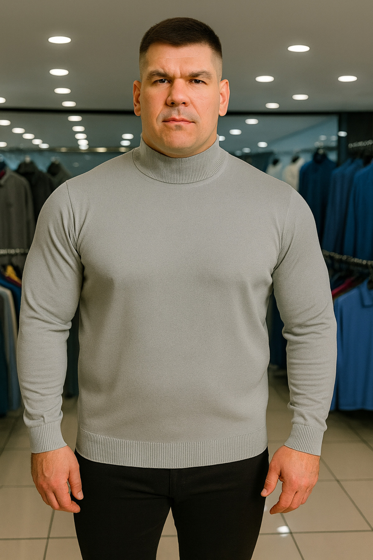 Maccali Erkek Büyük Beden Boğazlı Bol Gri Sweat Triko Kazak
