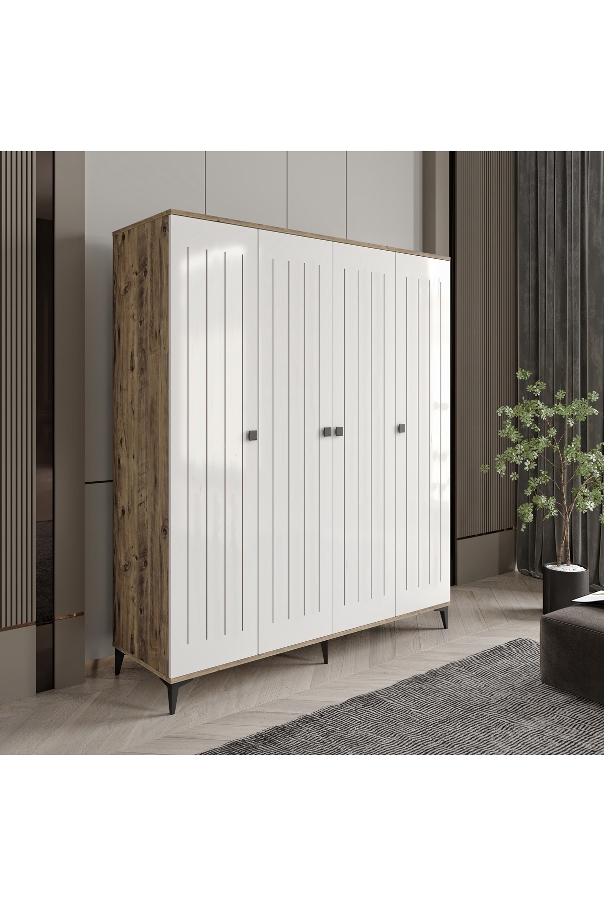 Afilli Arya 4 Kapaklı  Gardrop Tamamı Mdf( Atlas Çam Beyaz )