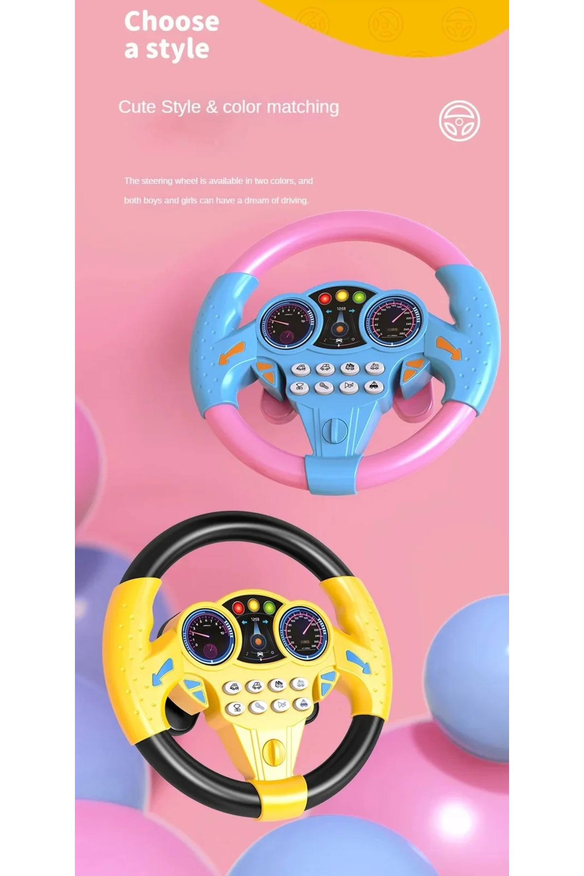اتومبیل اسباب‌بازی فرمان شبیه‌سازی‌شدهٔ برقی درخشان صورتی نوزاد با نور و صدا، آموزشی اولیه برای کودکان