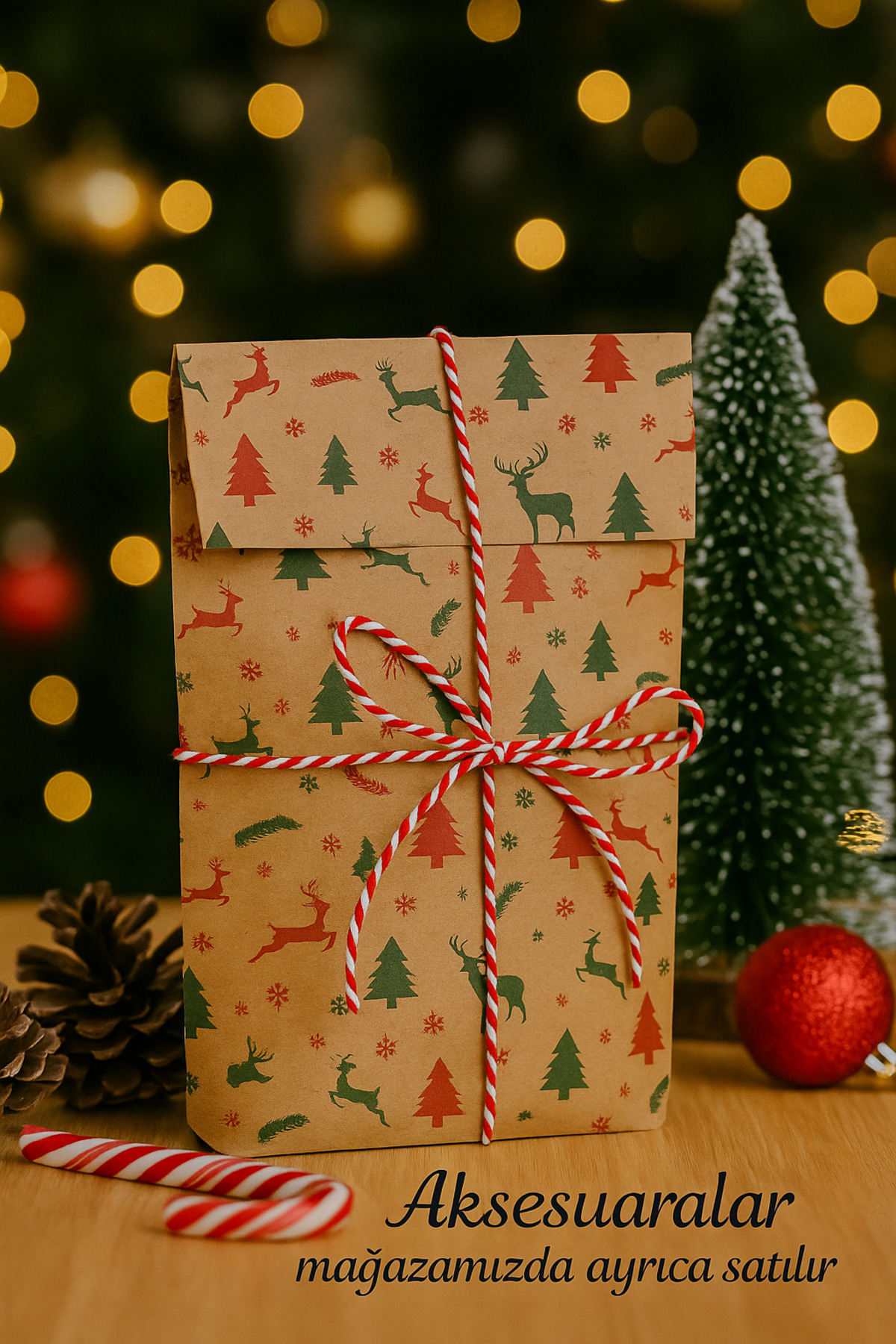 Dekals 20 Adet 13x24 cm Kraft Yılbaşı Desenli Dik Duran Hediye Kutusu Ambalaj Paketi