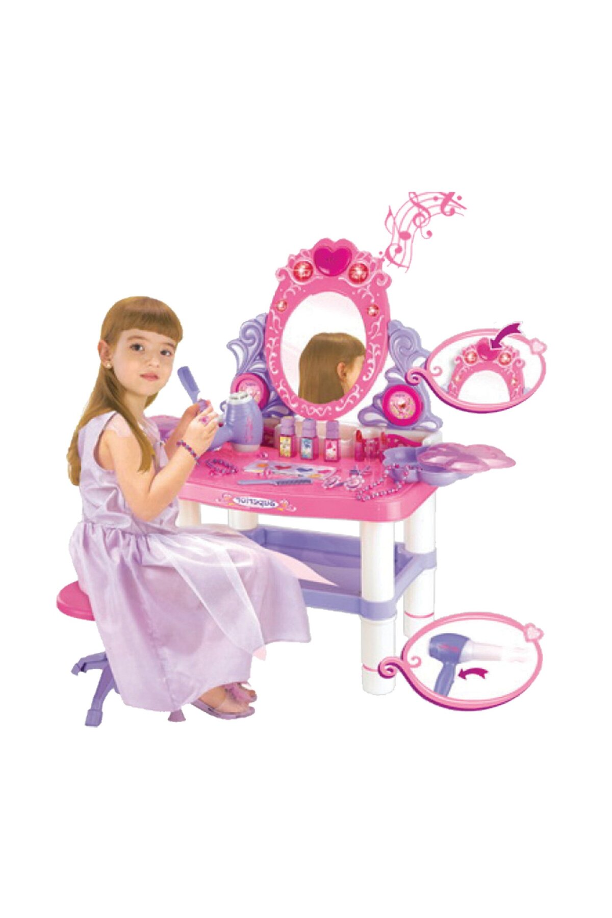 👑 طاولة مكياج فانيتي بيوتي للبنات 16قطعة مع مرآة وأضواء وأصوات ومجفف شعر وكرسي صغير ✨