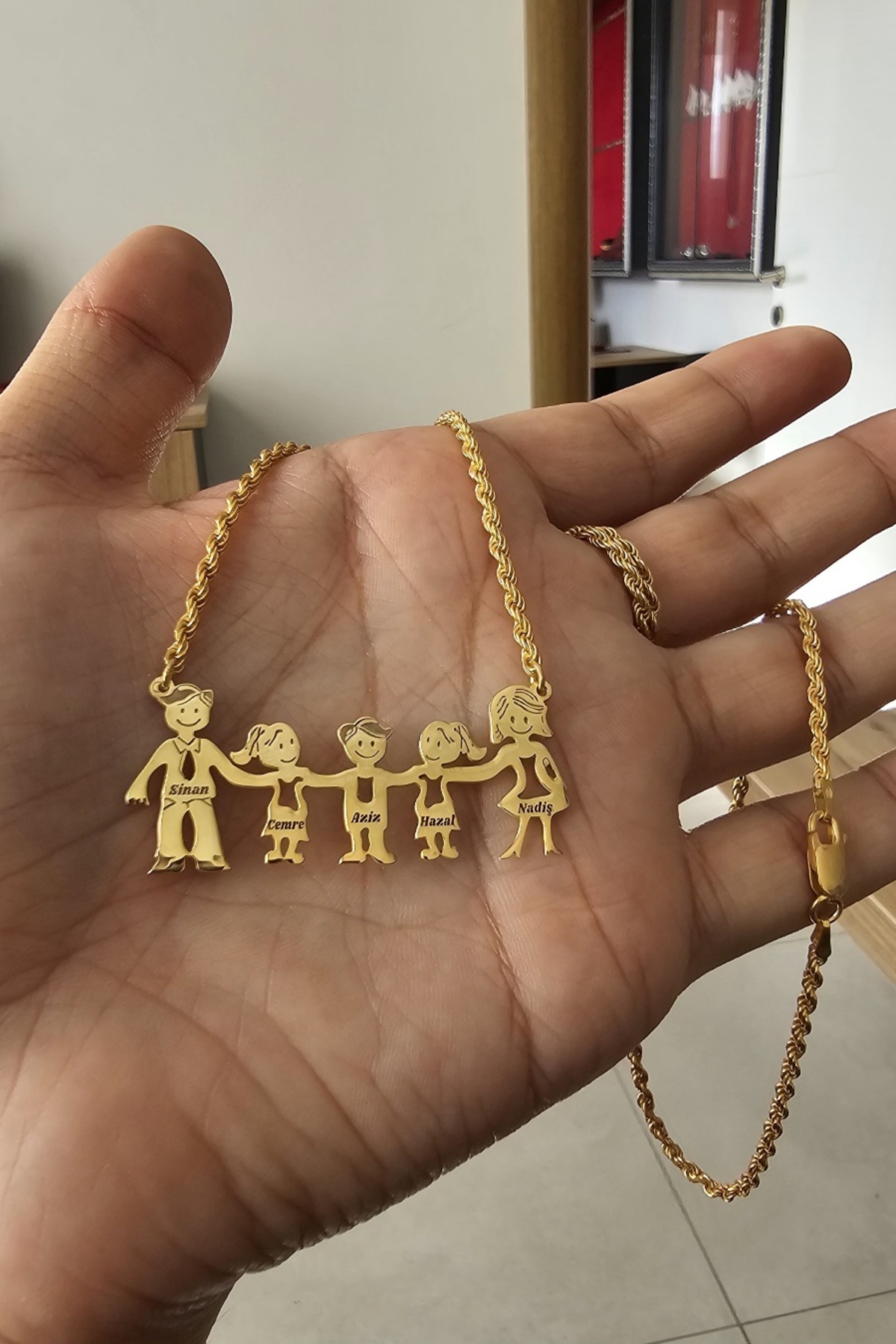 925 Ayar Gümüş 24 Ayar Altın Kaplama Halat Zincirli İsimli 5 Kişilik Aile Kolye - 40 cm