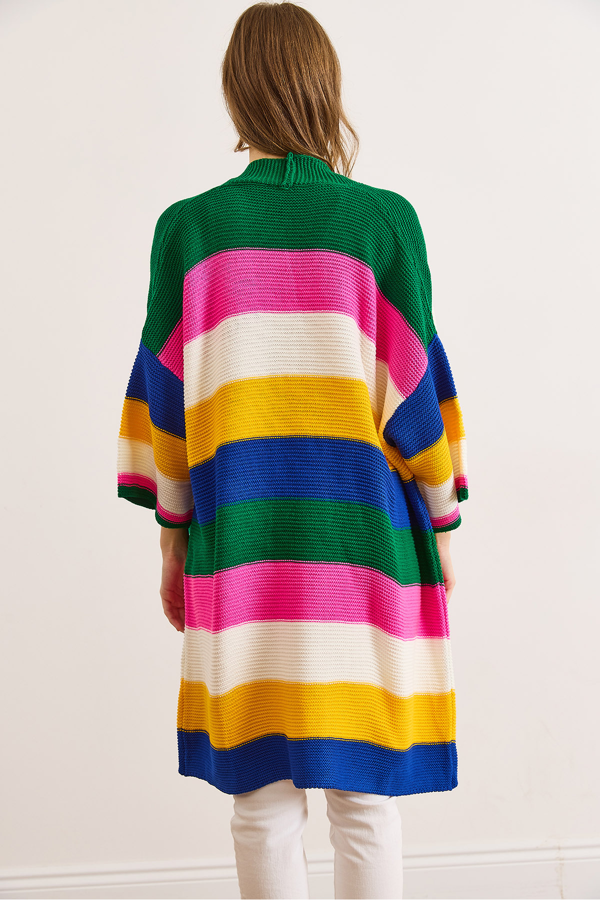 Olalook  Kadın Saks Mavi Yeşil Renkli Kalın Çizgili Triko Hırka HRK-19000337 - Görsel 2