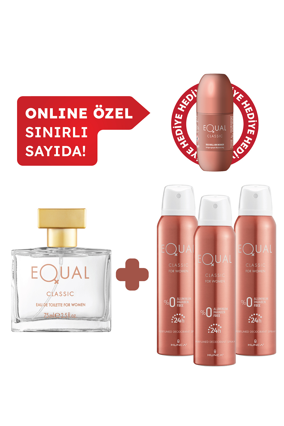 Equal Kadın Edt Parfüm 75 ml & Deodorant 3*150 ml Avantajlı Set, Roll On Hediyeli