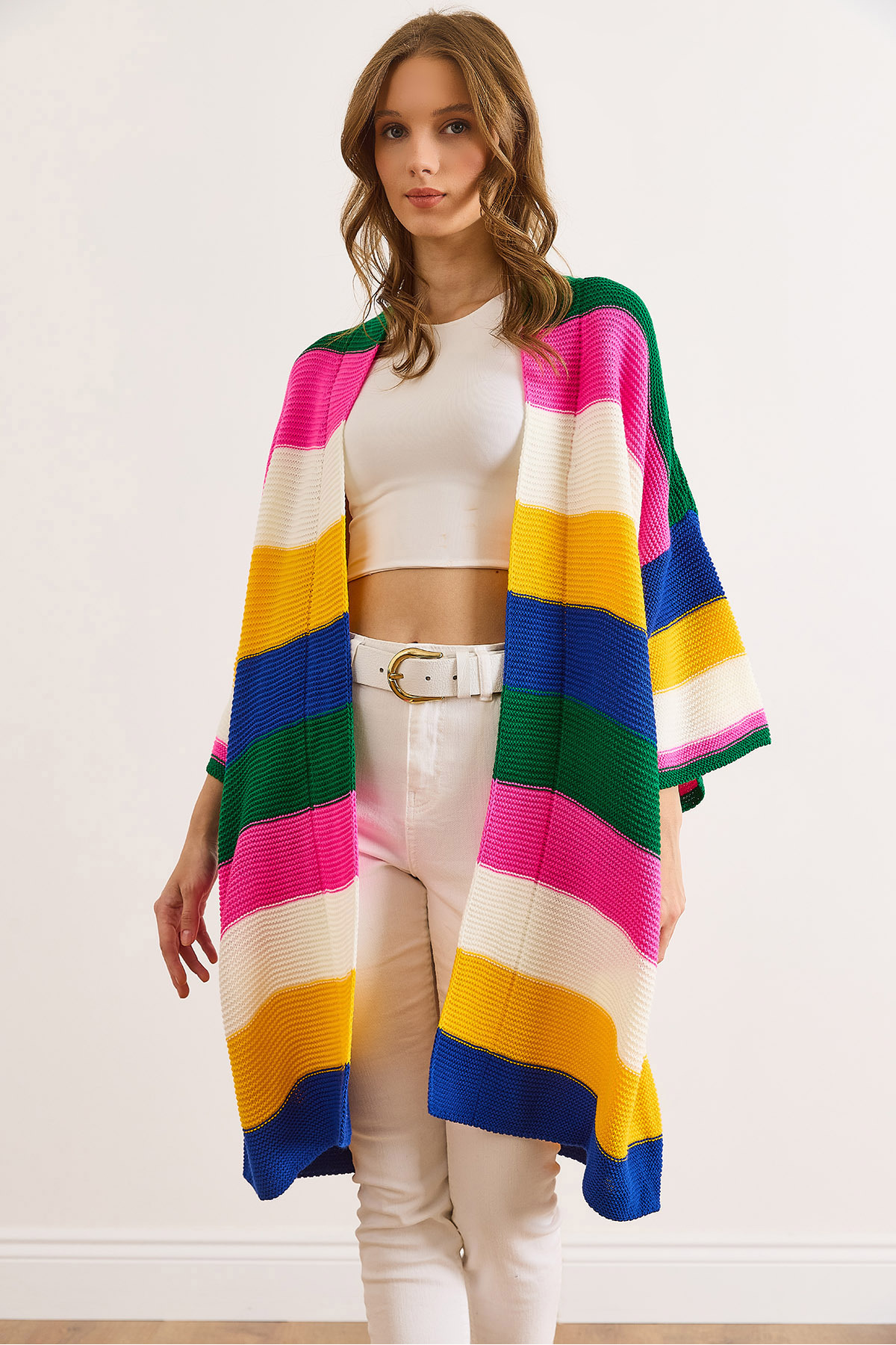 Olalook  Kadın Saks Mavi Yeşil Renkli Kalın Çizgili Triko Hırka HRK-19000337 - Görsel 3