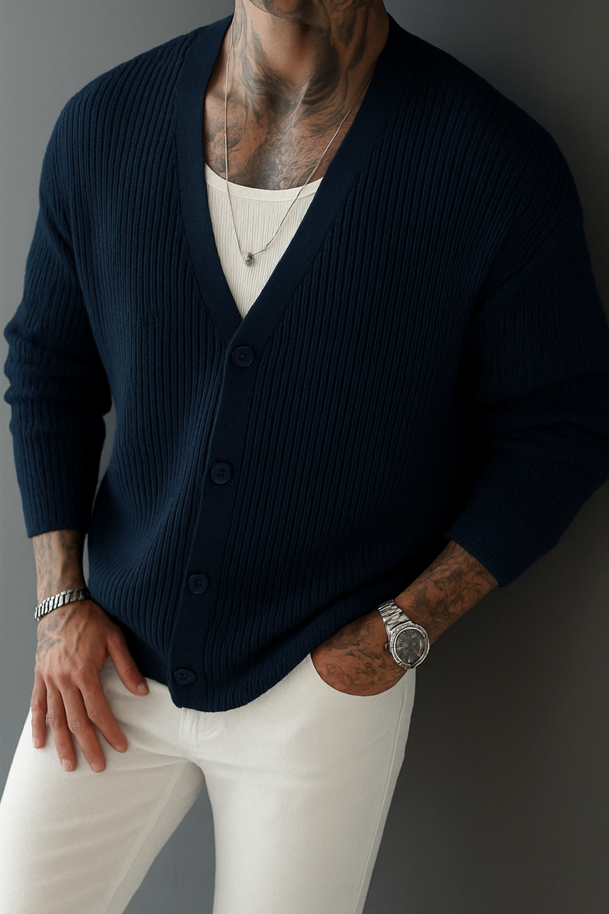 Tarz Cool Erkek Lacivert Regular Fit Düğmeli V Yaka Triko Hırka