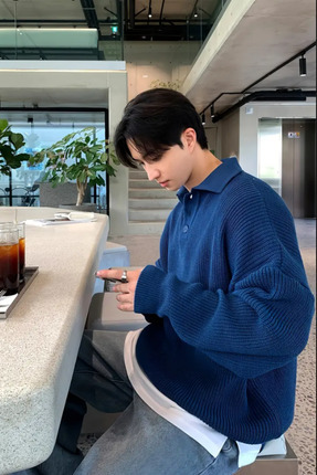 Tarz Cool Erkek Lacivert Düğmeli Regular Polo Yaka Triko Kazak