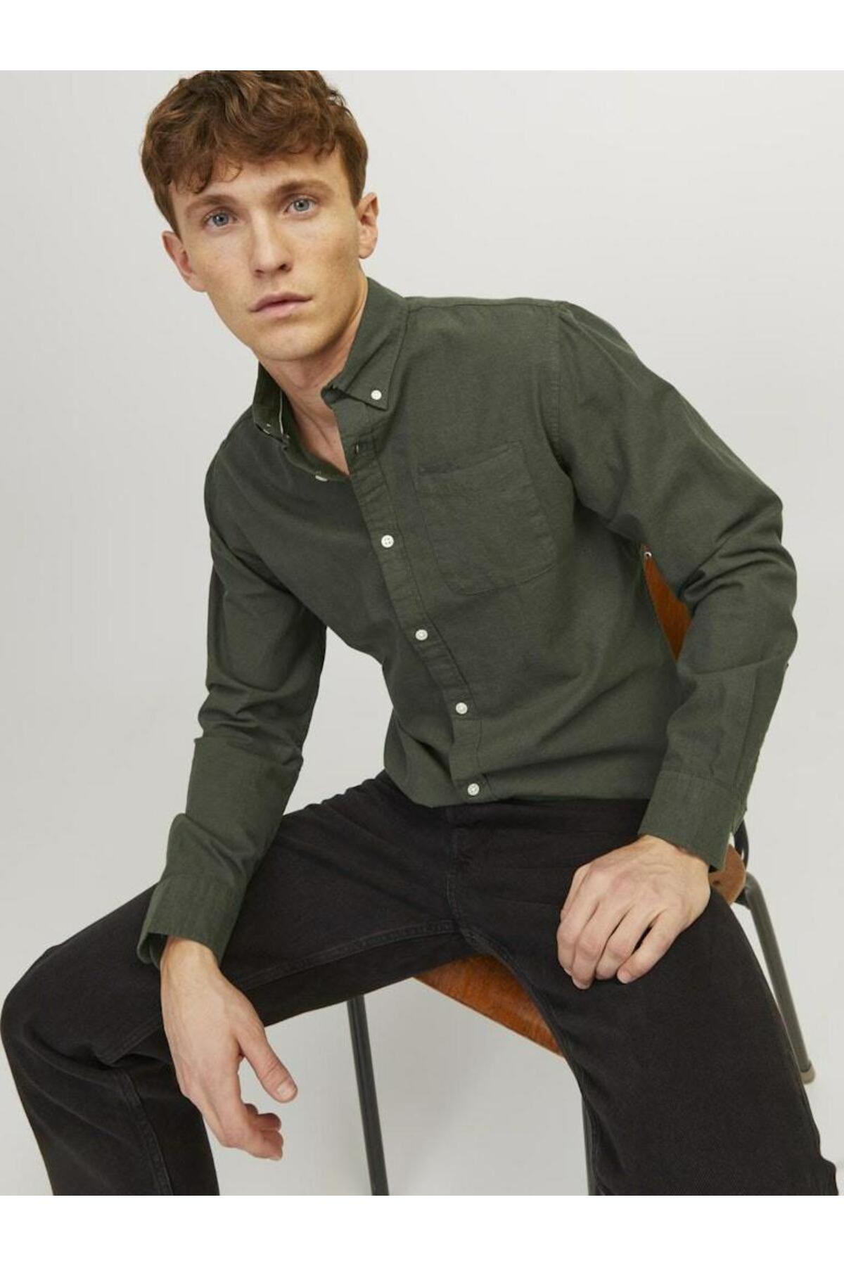 پیراهن مردانه راسته آستین بلند | جک اند جونز Jack & Jones 12182486-Forest Nig - تصویر 3