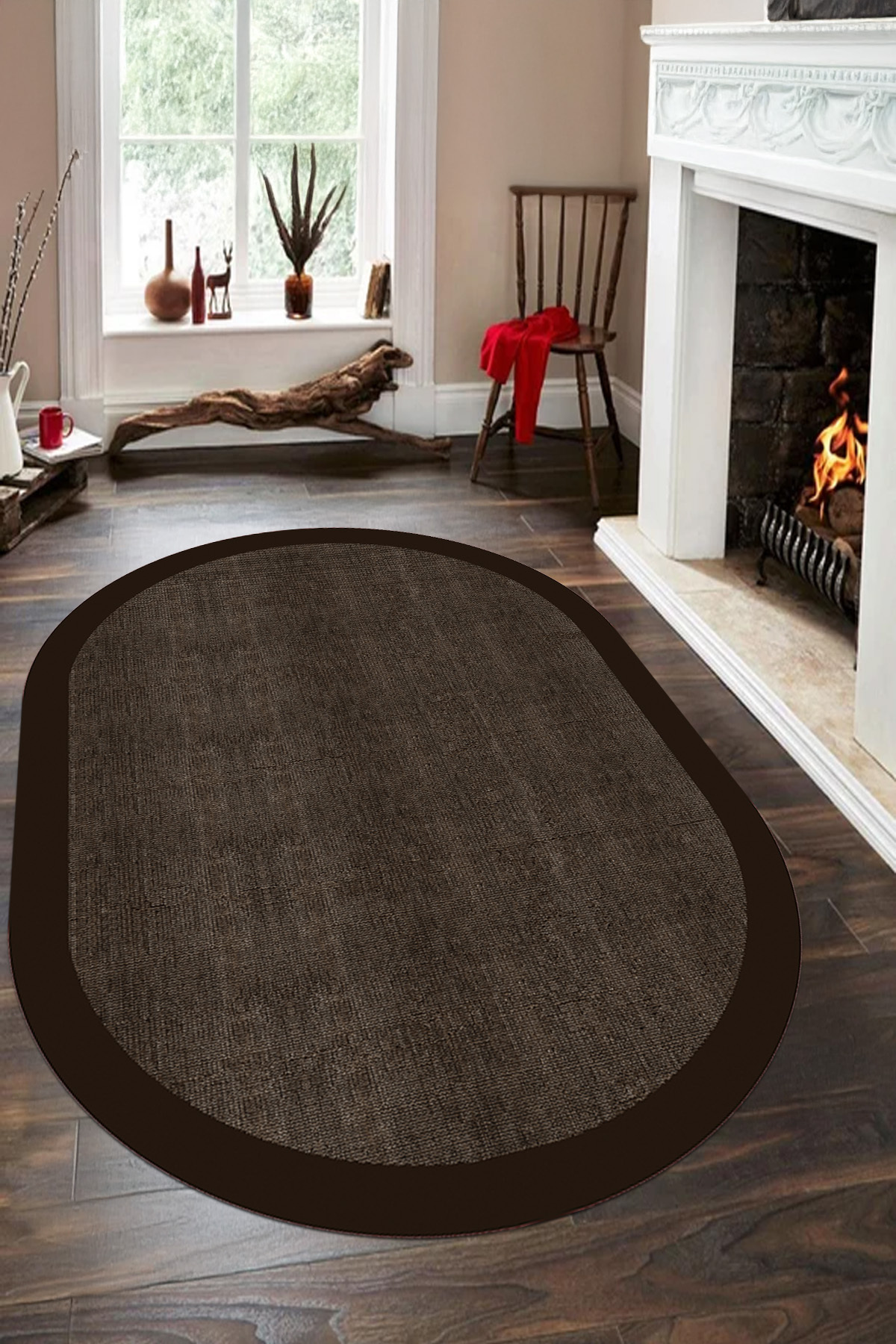 Simple Frame Model Jute Oval Living Room Rug with Digital Printed Washable and Non-Slip Base