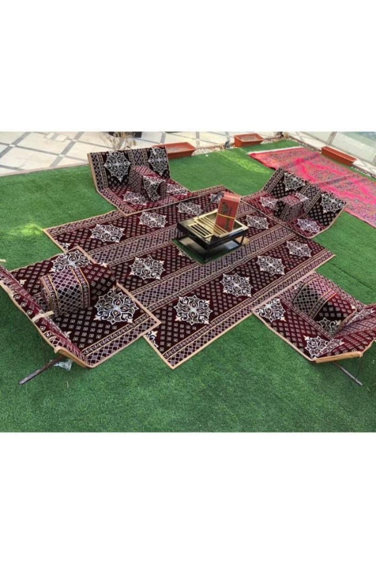 طقم جلسة أرضية 9 قطع: فرشة 300×200 سم، 4 كراسي أرضية لشخصين و4 مراكي مريحة، للرحلات والتخييم