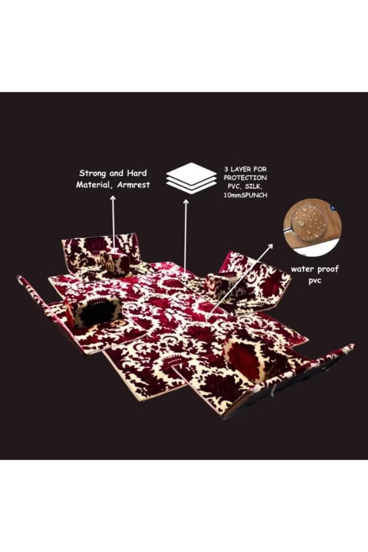 طقم جلسة أرضية 9 قطع: فرشة 300×200 سم، 4 كراسي أرضية لشخصين و4 مراكي مريحة، مناسبة للرحلات والتخييم