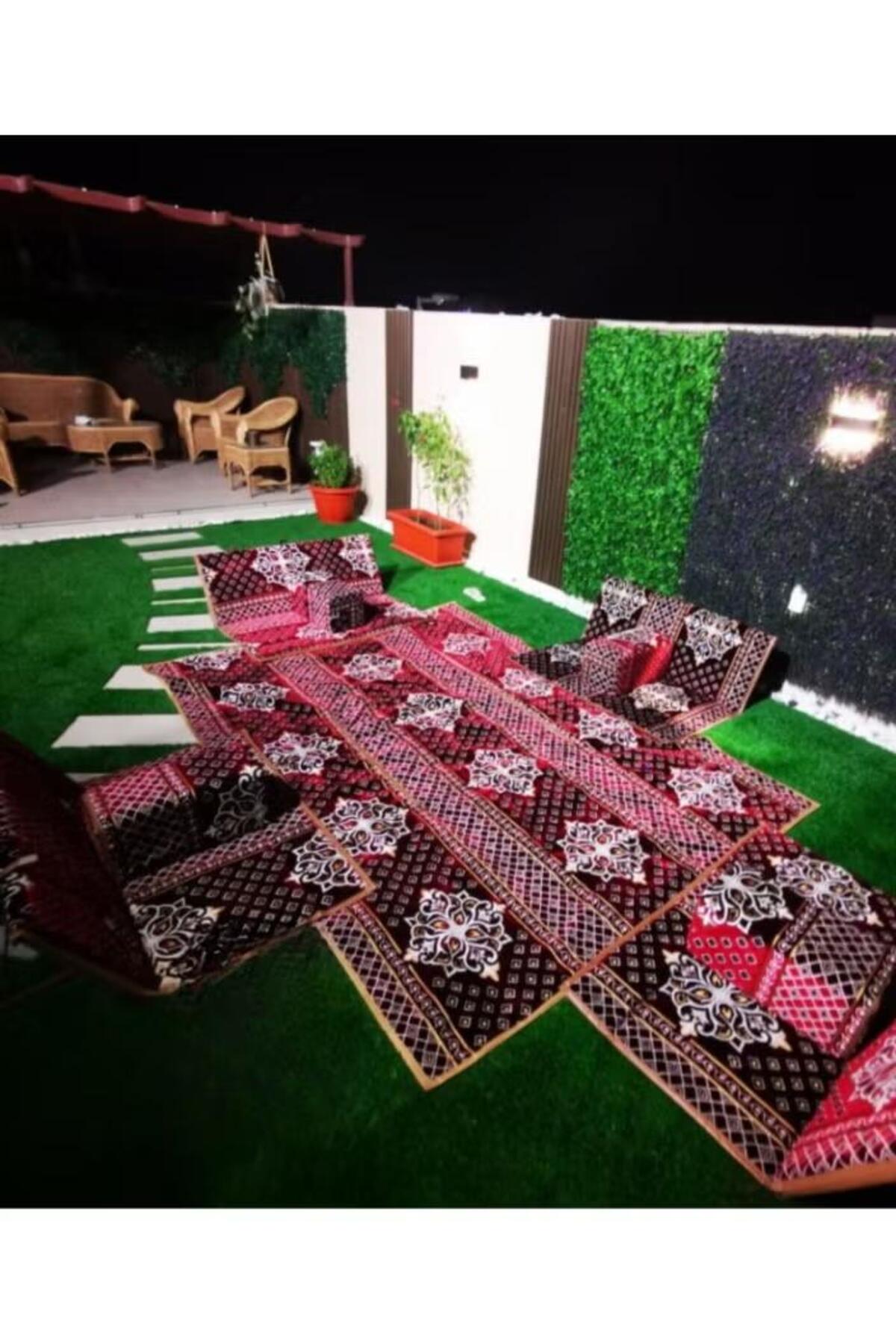 طقم جلسة أرضية 9 قطع: فرشة 300×200 سم، 4 كراسي أرضية لشخصين و4 مراكي مريحة، للرحلات والتخييم