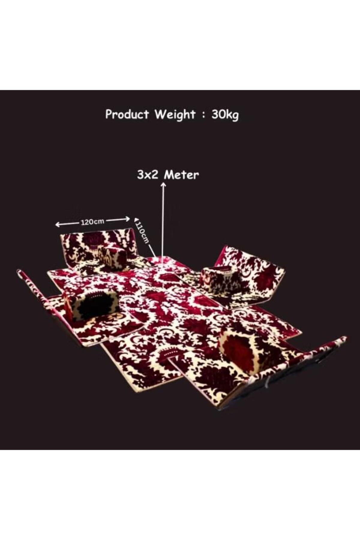 طقم جلسة أرضية 9 قطع: فرشة 300×200 سم، 4 كراسي أرضية لشخصين و4 مراكي مريحة، مناسبة للرحلات والتخييم