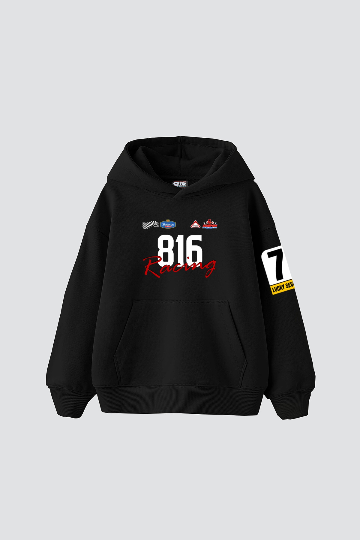 Sekizbiraltı Lucky Seven Baskılı Oversize Unisex Siyah Hoodie