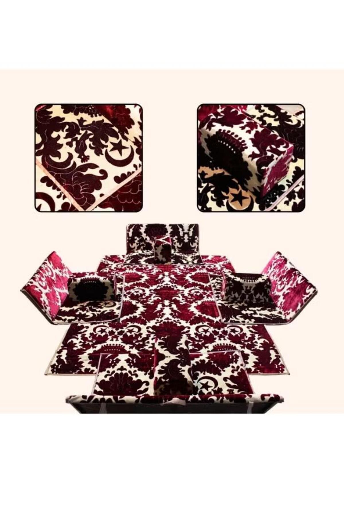 طقم جلسة أرضية 9 قطع: فرشة 300×200 سم، 4 كراسي أرضية لشخصين و4 مراكي مريحة، مناسبة للرحلات والتخييم