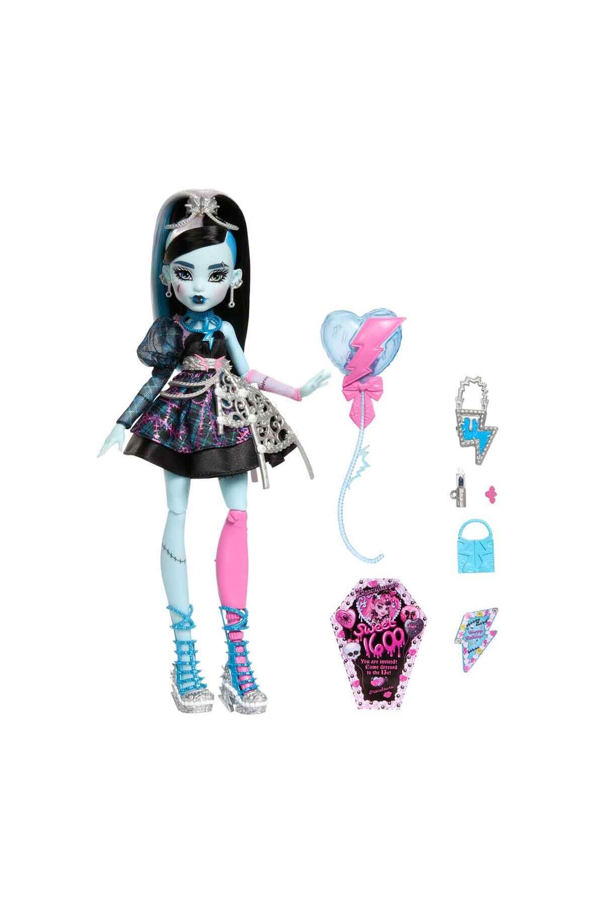 MONSTER HIGH ® DOĞUM GÜNÜ™ FRANKIE STEIN™ Bebek Parti elbiseli ve bir elinde balonla JBG75 fotoğrafı 2 (önizleme)