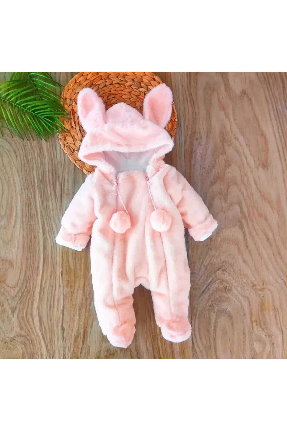 bebe kervanı Kız Bebek %100 Pamuklu Pembe Tavşan Kulaklı Kadife Kumaş Çift Fermuarlı Kozmonot Tulum BBK08744