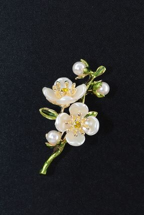 KEEBA Baharın uyanışı Erik çiçeği broş yeşil dallı incili kristal taşlı erik ...