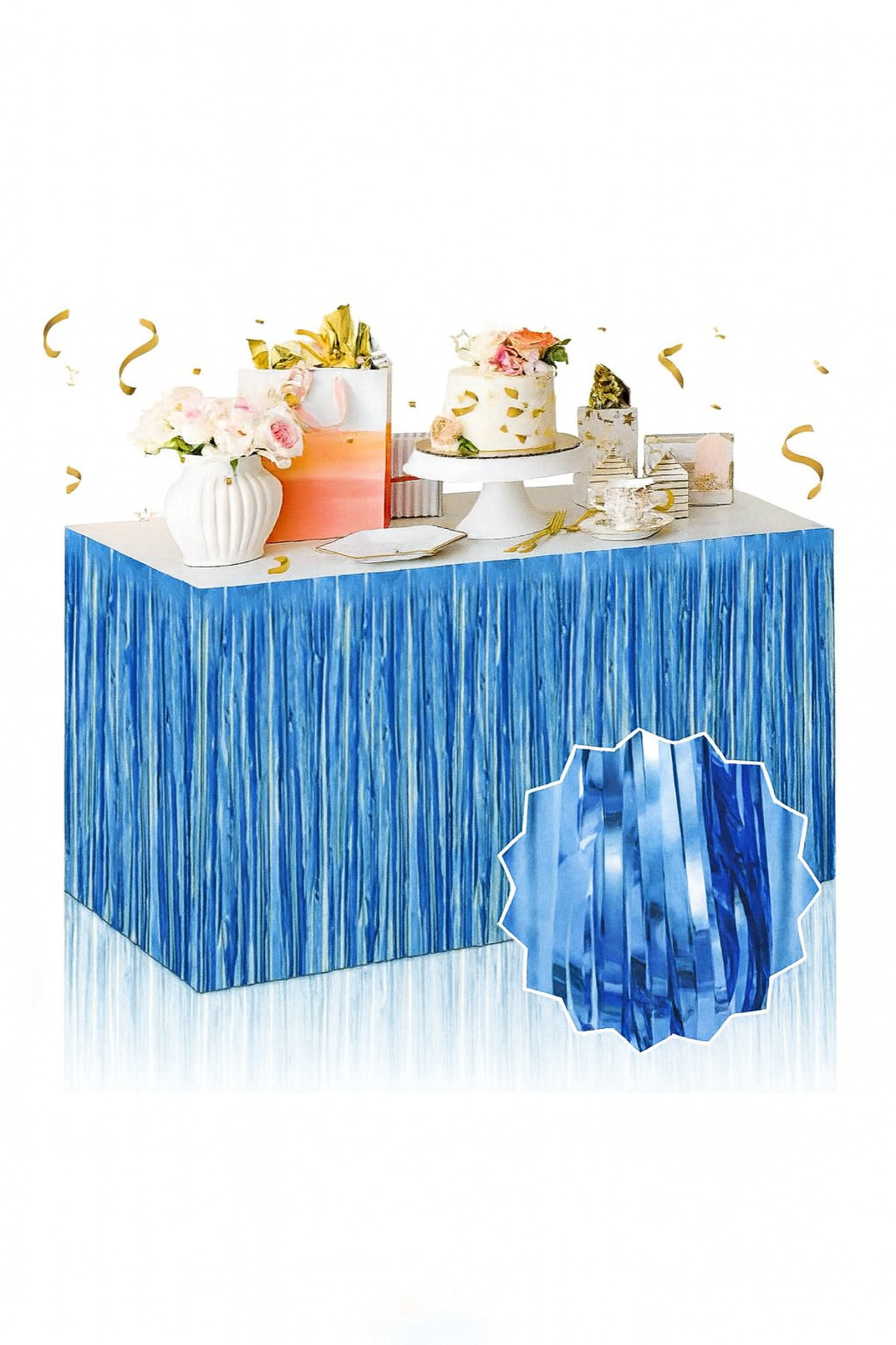 Partini Renklendir Dekoratif Püsküllü Masa Eteği Mavi 240x75 Cm