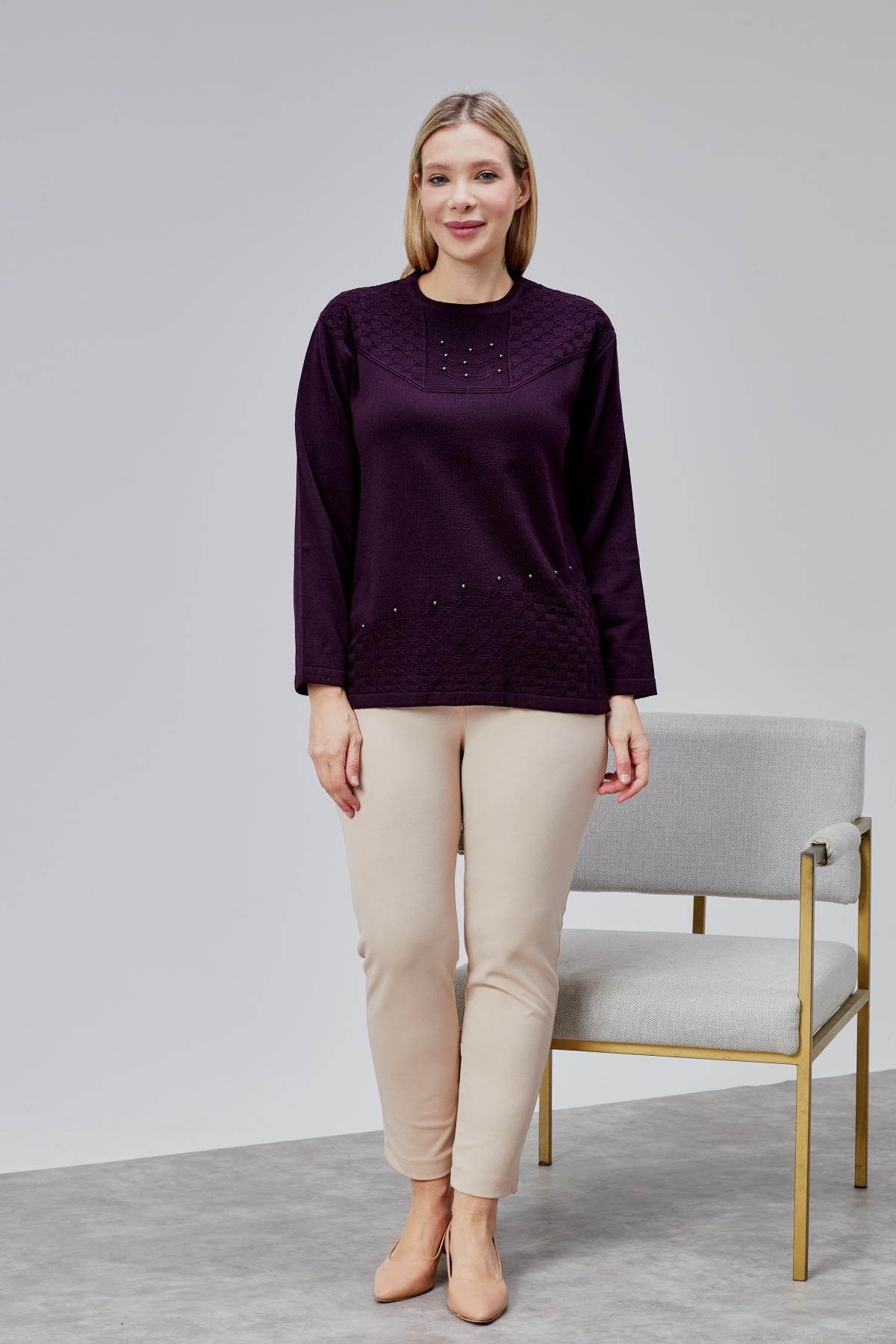 Jinx Wear Fashion  Kadın Triko Yaka İnci Detay Kışlık Orta Yaş Günlük Anne Bluz Kazak - Görsel 5