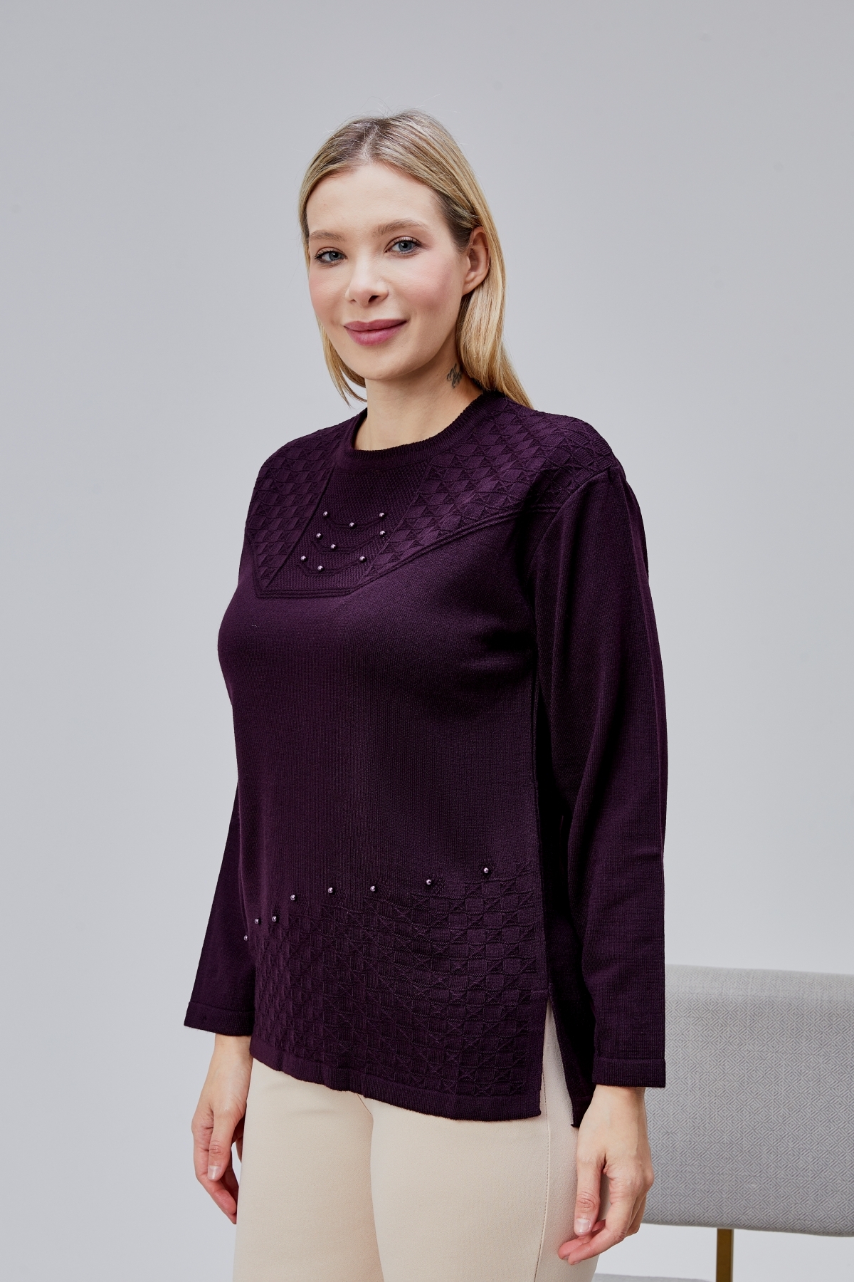 Jinx Wear Fashion  Kadın Triko Yaka İnci Detay Kışlık Orta Yaş Günlük Anne Bluz Kazak - Görsel 8