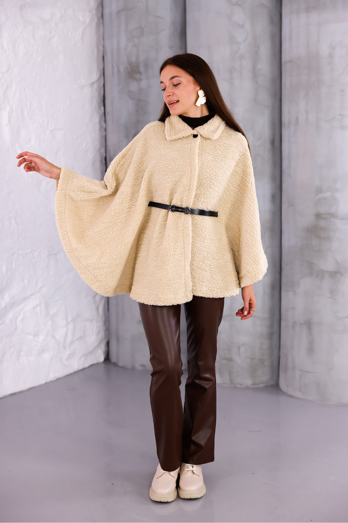 Modayıldızlar Peluş Bej Kadın Kemerli Panço