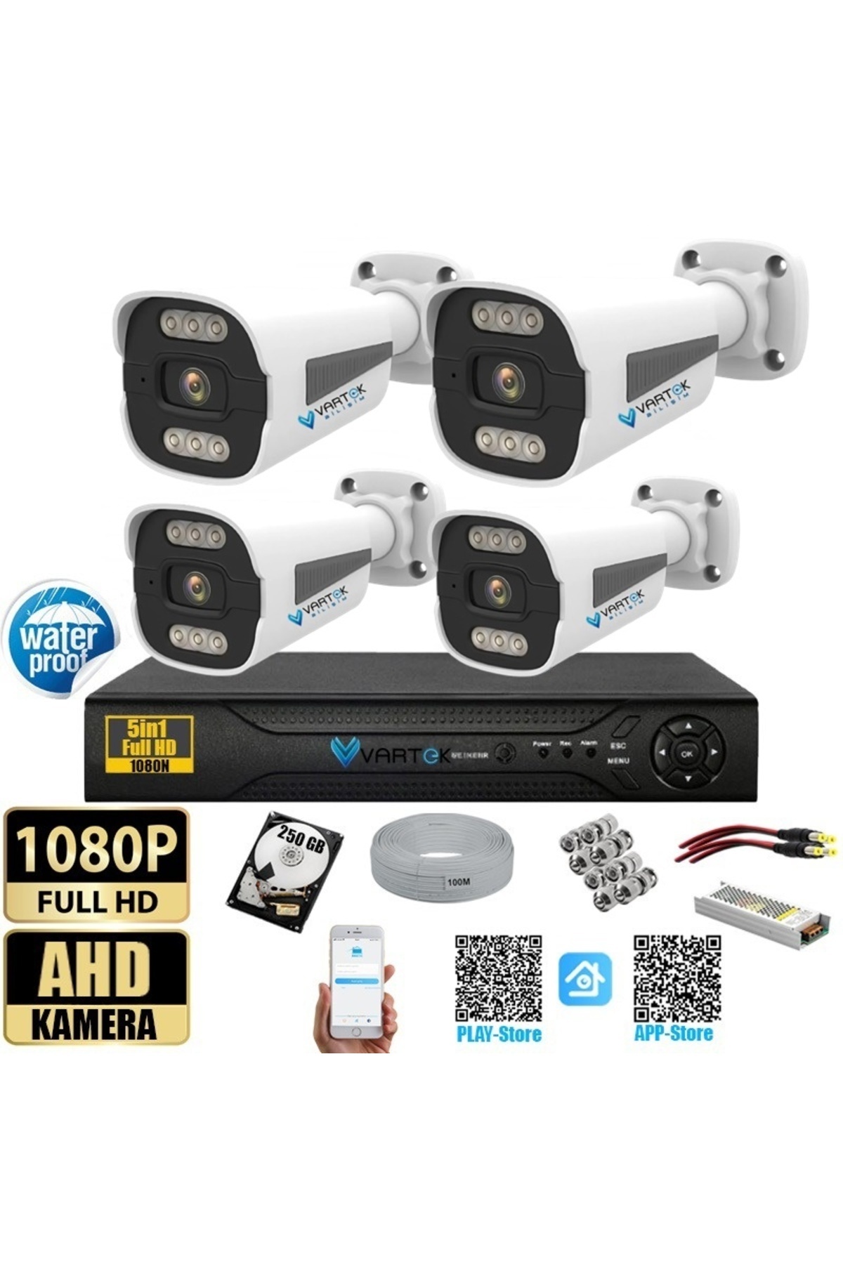 VARTEK BİLİŞİM 4 Kameralı Set - 250 GB Zebra Kasa Gece Renkli Full HD Güvenlik Kamerası Sistemi