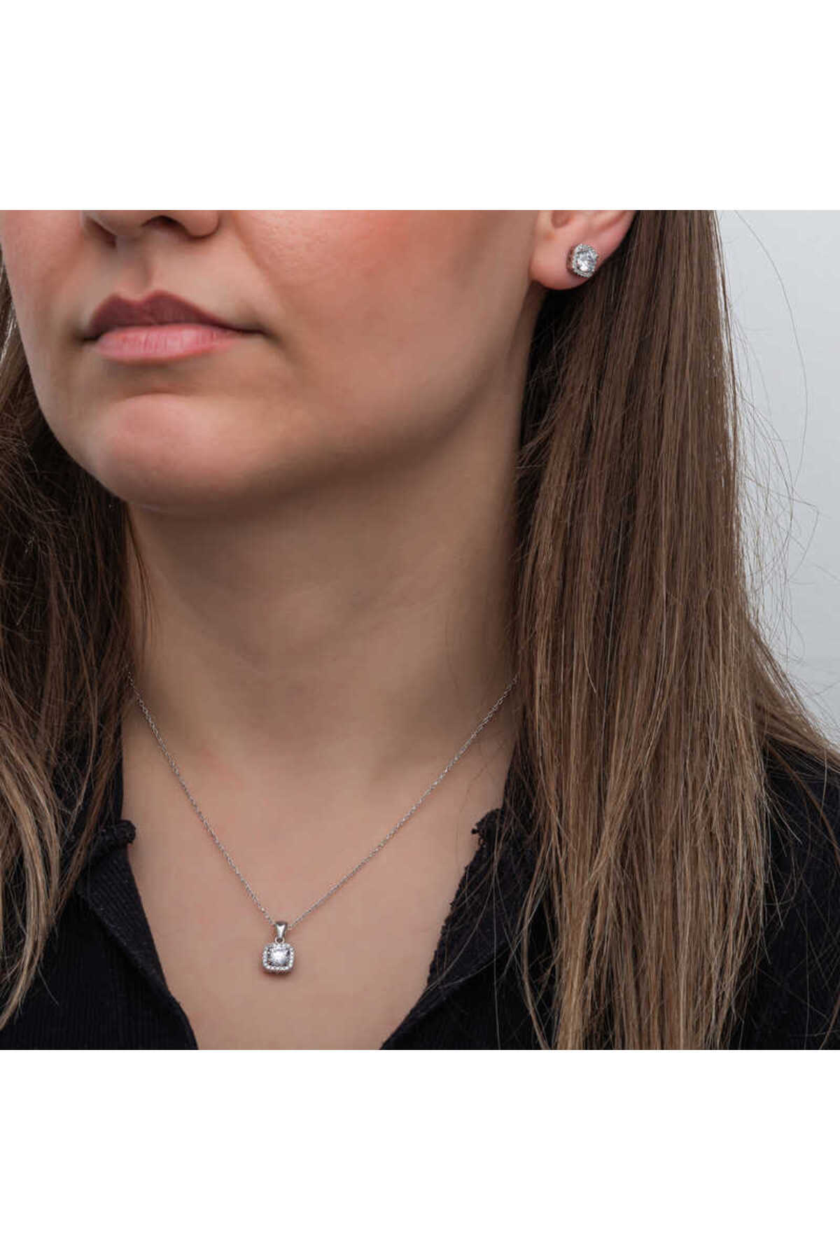 ahsun 925 Ayar Gümüş Kare Montür Tek Taş Kadın Set