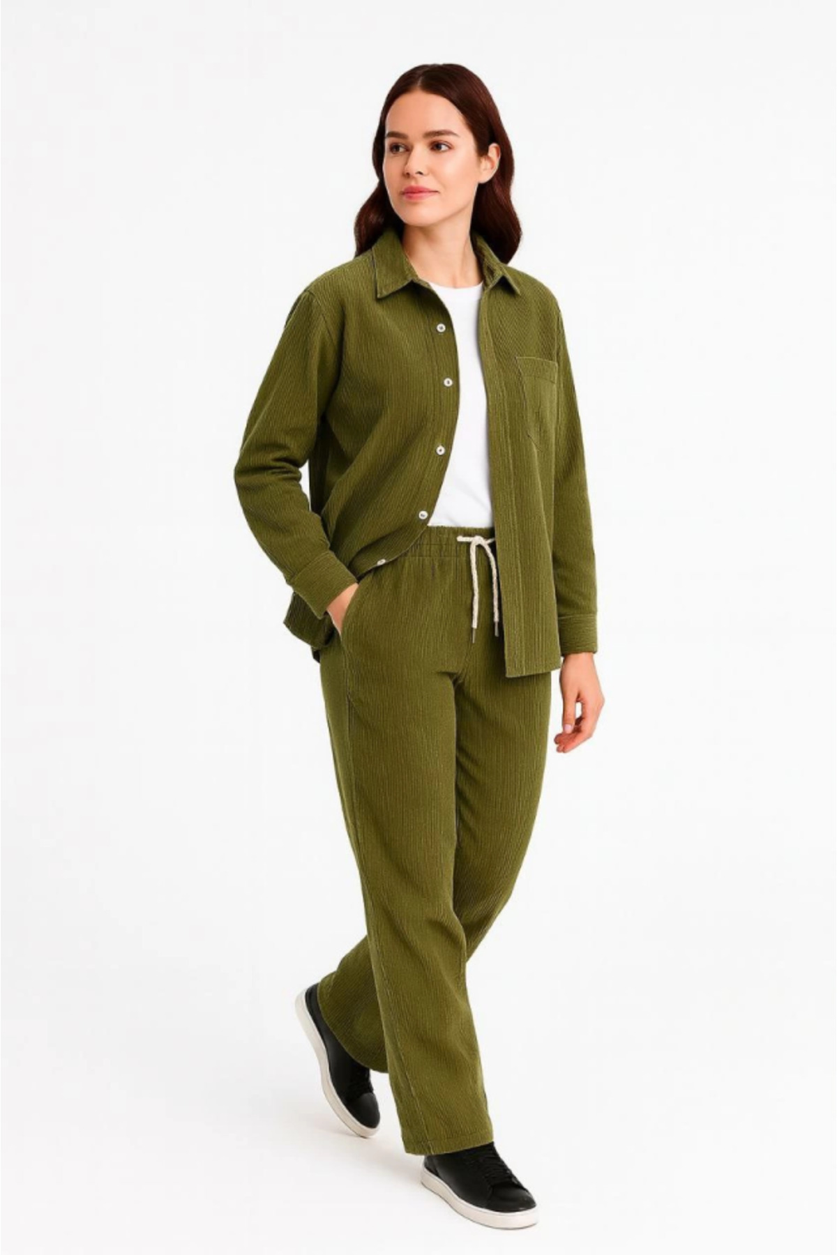 YAMAN MARKET Kadife Oversize Takım – Gömlek Ve Pantolon İkili Set Füme Corduroy Şıklığı, Rahat Ve Za