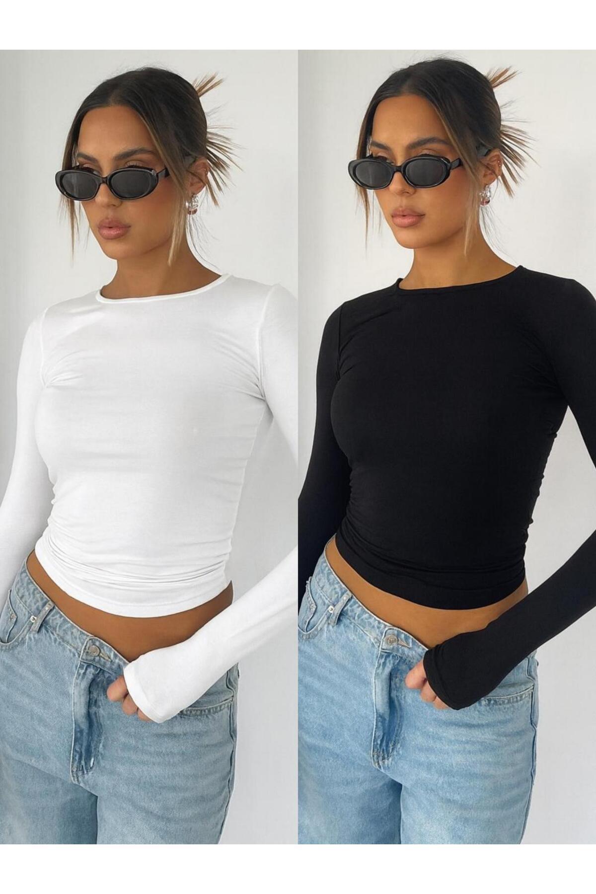 ÖZ PAMUK Μπλούζα με λαιμόκοψη 2 ΤΕΜΑΧΙΑ Basic SOLID Υφασμάτινη μακρυμάνικη μπλούζα L ελαστικό ύφασμα