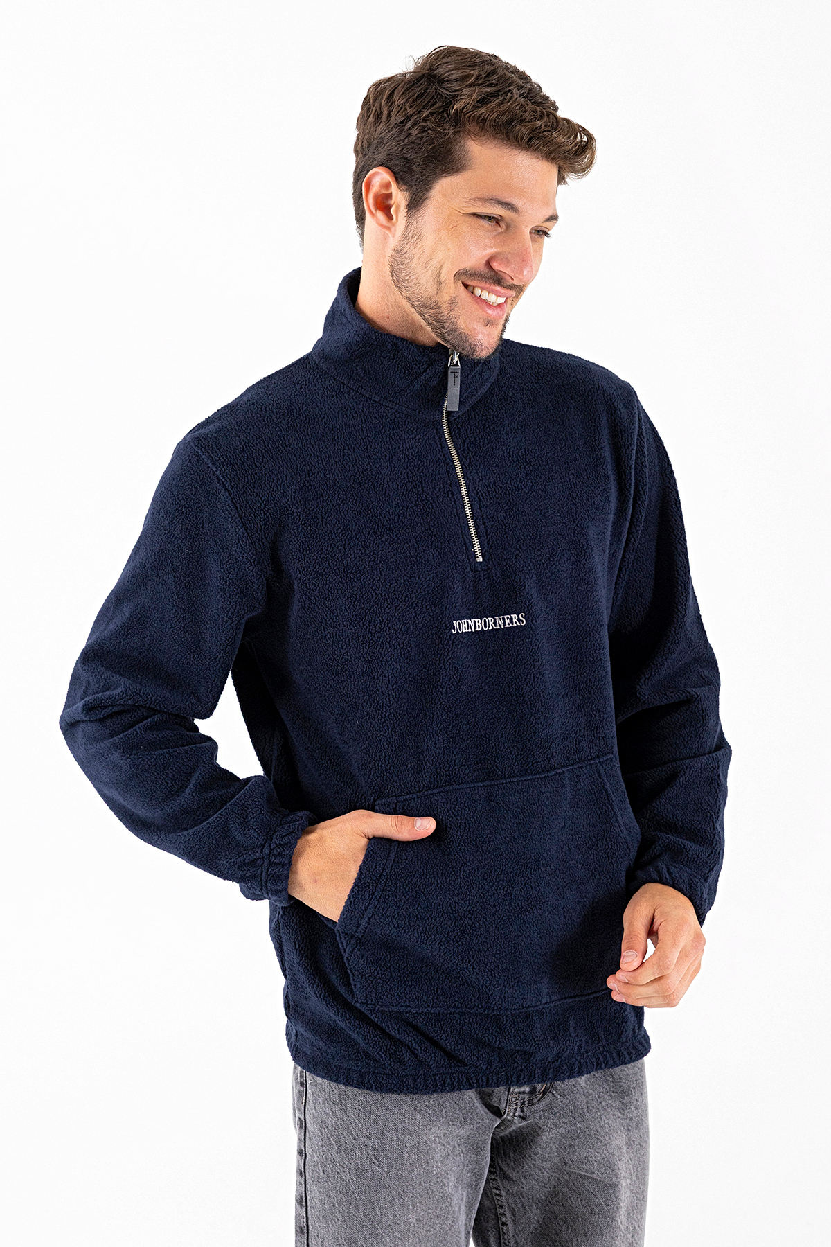 JB John Borners Men's Half Zipper Embroidered Kangaroo Pocket Sweatshirt Navy Blue - 25K 6066-1