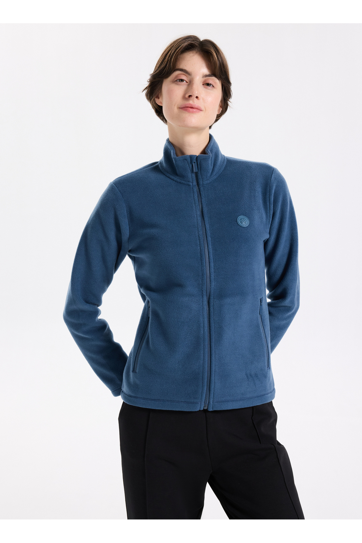 D5WL-SWT3303 Indigo Upright Neck Basic Women's Plain Fleece Sweatshirt