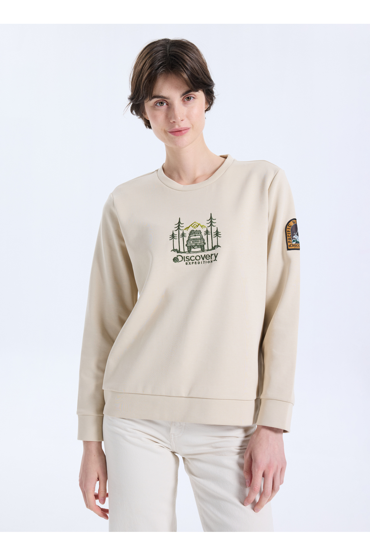 Discovery Expedition D5WL-SWT3612 Bej Bisiklet Yaka Relaxed Nakışlı Kadın Sweatshırt görsel 3