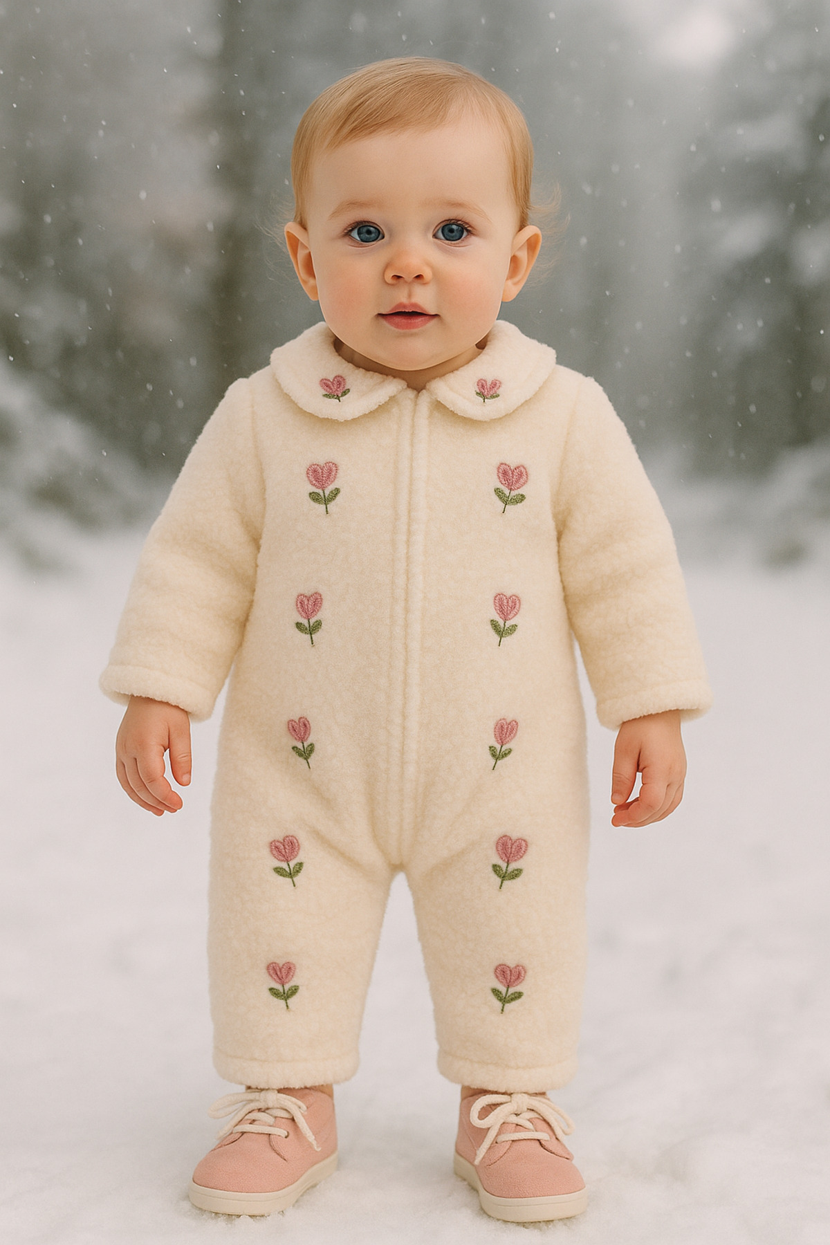 Necix's Bebek Peluş Tulum Fermuarlı Çiçek Nakışlı Tulum - Ekru fotoğrafı 2 (önizleme)