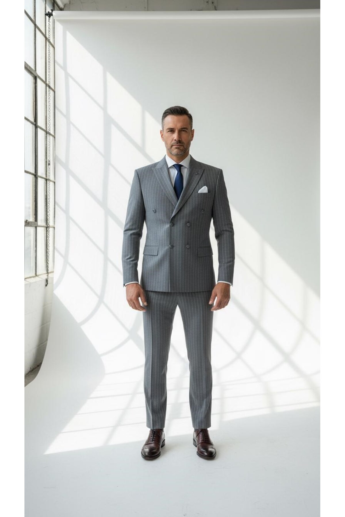 Plus Scorpion  Çizgili Kruvaze Erkek Takım Elbise – Şık ve Rahat İtalyan Kesim, Belden Oturtmalı, Top Düğmeli