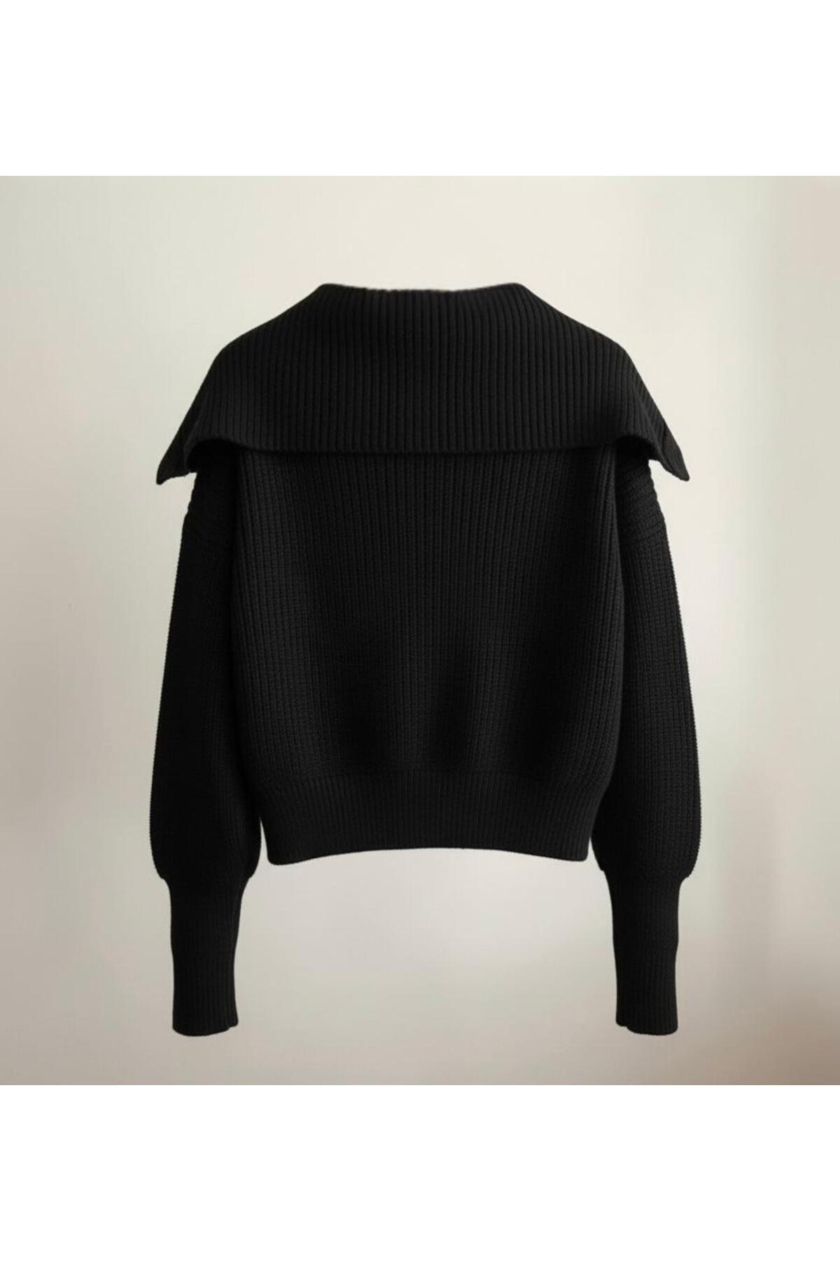 FLEX FASHION  Kadın siyah trend Devrik Yaka Fermuarlı popüler Triko Hırka - Görsel 2