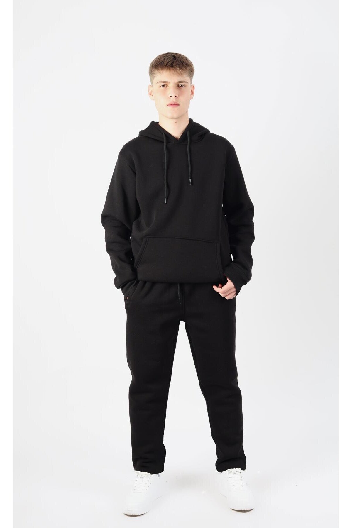 NEW YEAR FİT Düz Kapüşonlu Üç İplik Şardonlu Erkek Eşofman Takım