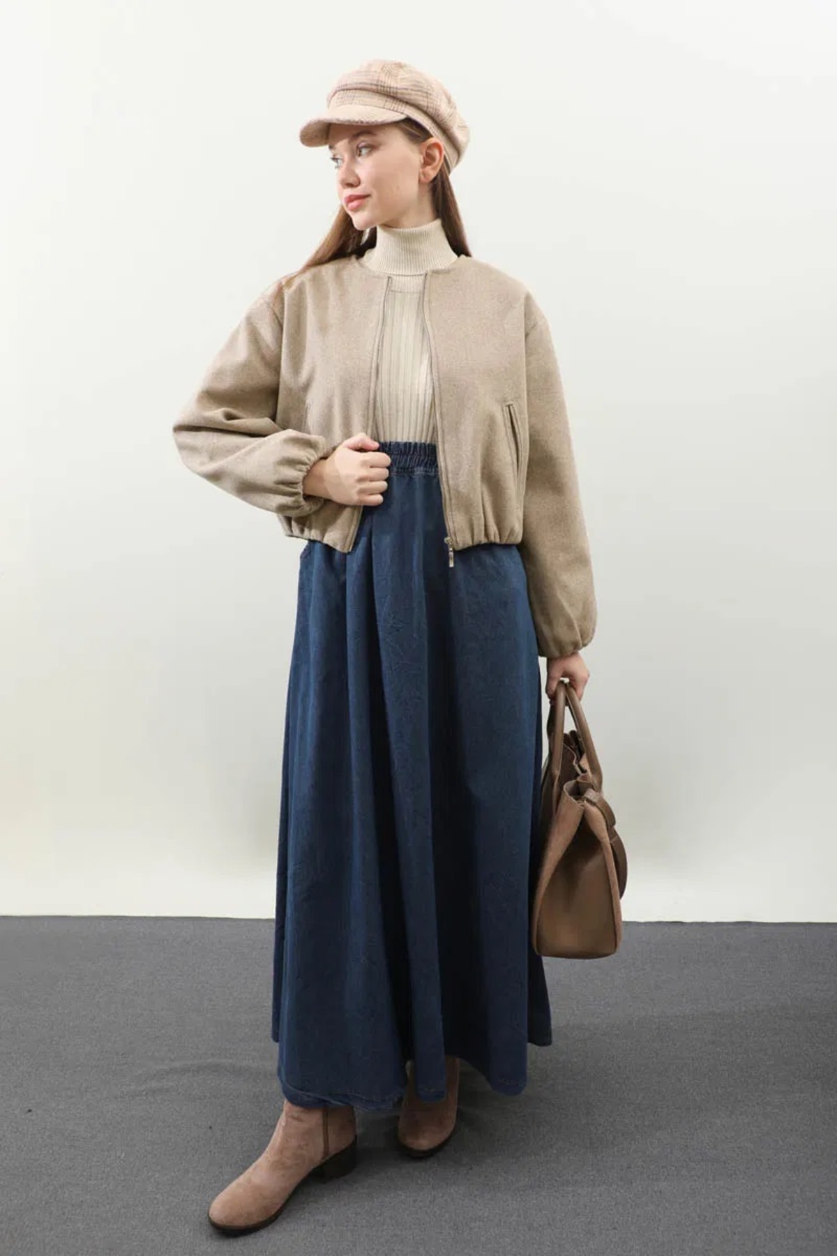 TOKARİS TEKSTİL  Kadın Kaşe Kumaş Bomber Ceket - Görsel 4