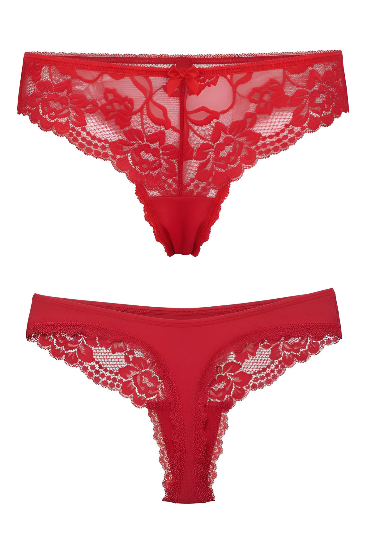String Thong Women's Panties with Tulle Lace Detail on Red Women's Front